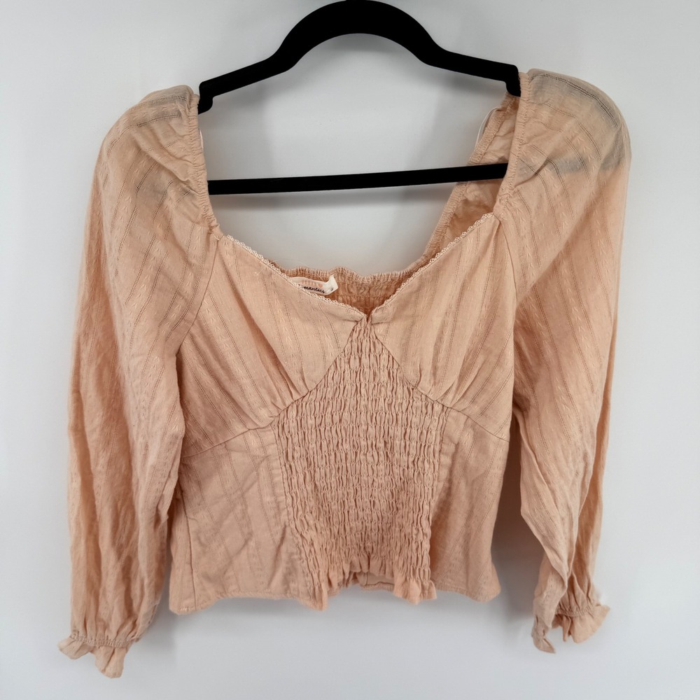 Urban Romantics Peach‎ Smocked Dobby Stripe Peasant Blouse Sweetheart Neck Small